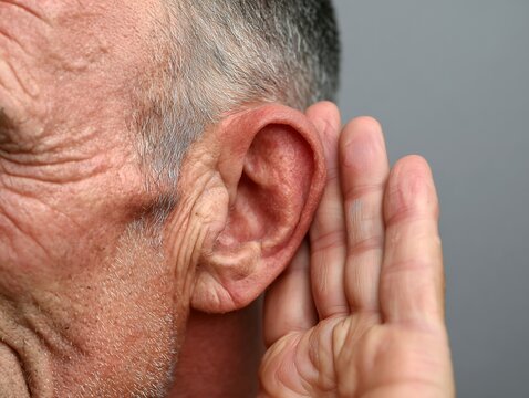 耳に手を当てて話を聞き取ろうと集中するシニア男性