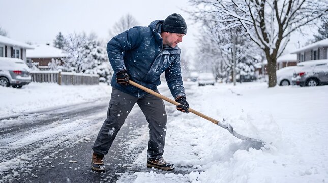 A man is clearing the fallen snow from the road