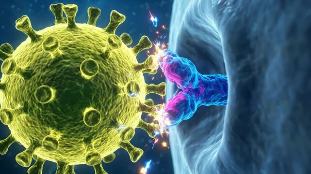 Macro Close-Up Cellular Pathology and Virology showing a Yellow Virus Particle entering a Human Host Cell