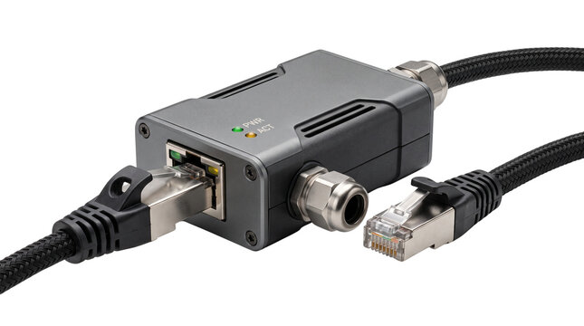 Industrial Ethernet surge protector with RJ45 connectors, rugged network lightning protection device, shielded data cable hardware