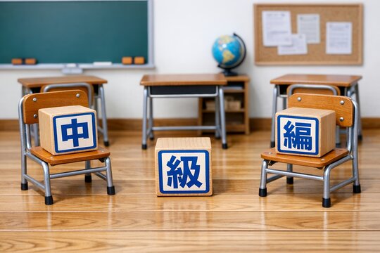 中級編の学習ステップアップを象徴する教室模型の木製積み木