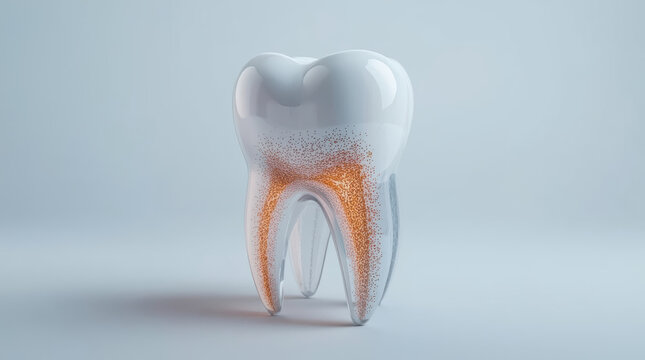 Transparent tooth model with digital visualization showing detailed root anatomy