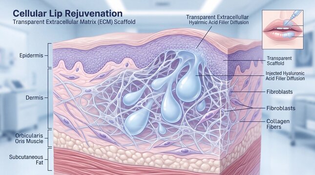 Cellular lip rejuvenation transparent extracellular matrix scaffold hyaluronic acid filler diffusion epidermis dermis fibroblast collagen fiber orbicularis oris muscle subcutaneous fat