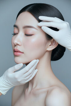 Vertical shot of Asian young adult woman receiving facial skin assessment by clinician, highlighting cosmetic dermatology and anti aging care. Ideal for beauty clinic marketing