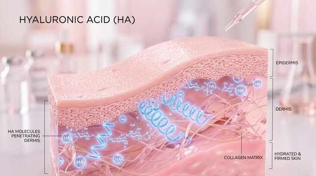 Hyaluronic acid molecules penetrating dermis collagen matrix hydrated and firmed skin scientific illustration skincare epidermis dermis cosmetic beauty anti aging medical healthy