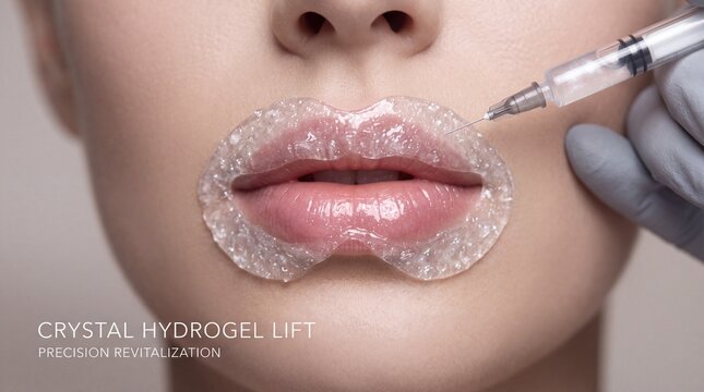 Crystal hydrogel lip mask, syringe, smooth skin, and soft pink lips highlight luxury cosmetic treatment for lip enhancement and rejuvenation, conveying sense of calm and precision