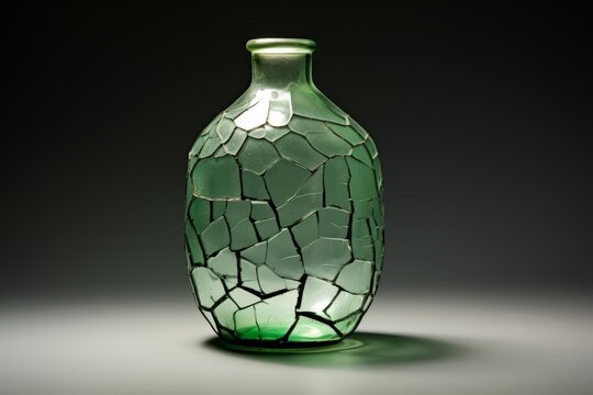 Reconstructing green glass bottle displaying fragility and resilience on a dark background