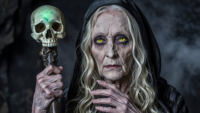 Haunted Elderly Woman Holding Skull Staff in Sinister Atmosphere