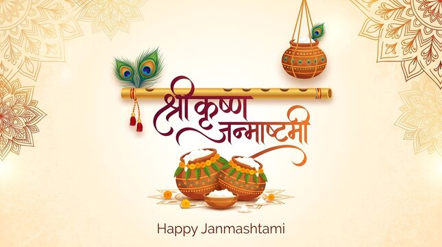 Elegant festive vector illustration for Janmashtami, placed above stylized Hindi calligraphy "श्री कृष्ण जन्माष्टमी" in deep maroon and saffron hues