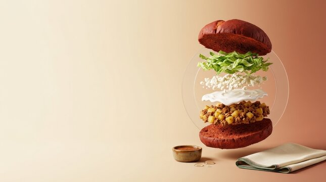 Floating sandwich with red bun and fresh ingredients in layers for culinary presentation