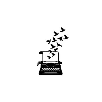 Typewriter with flying birds icon, vintage office writing symbol. Creative logo, writer concept. Black monochrome graphic vector.