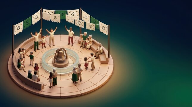 People celebrating Mexico Independence Day around a fountain with banners