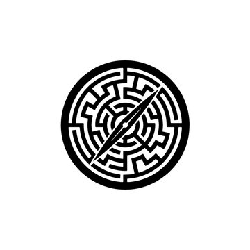 Black and white circular maze compass icon symbolizing navigation through complexity, isolated on a white background vector graphic illustration.