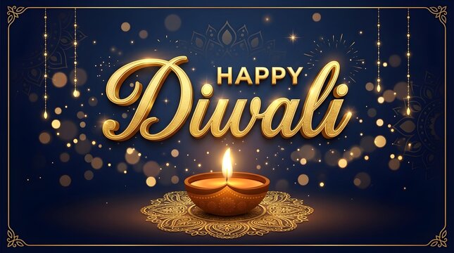 Happy diwali greeting card with golden 3d typography, glowing diya lamp, and bokeh lights on a dark blue background