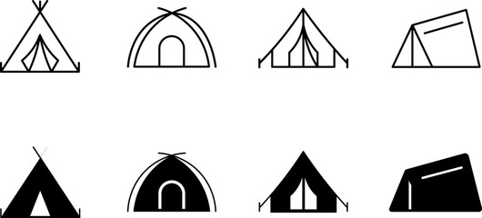 Set of camping tent icons in outline and solid styles © Talib