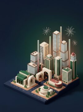 Modern city skyline 3D render with skyscrapers and fireworks effects at night