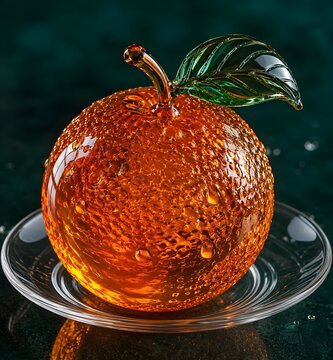 Elegant luxury orange crystal art glass fruit paperweight with textured surface, vibrant green leaf, and clear glass saucer on a dark green background for home decor