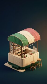 Colorful food cart with a striped awning showcasing festive food items