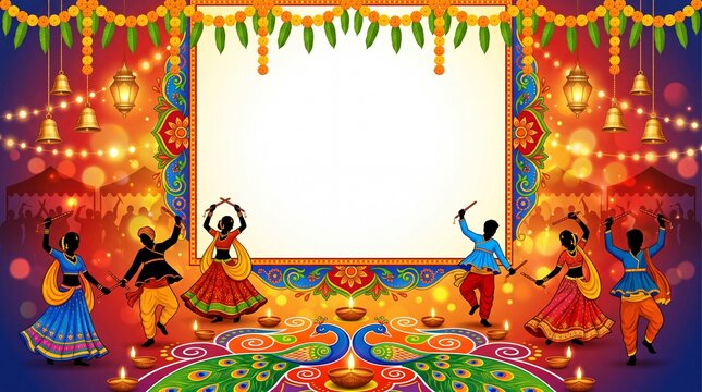Traditional indian folk dance silhouette featuring men and women performing the energetic garba and dandiya raas movements with sticks during the vibrant navratri festival