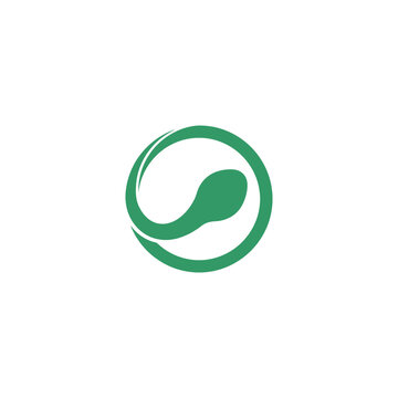 Minimalist green abstract logo icon featuring a sperm cell shape inside a circle.