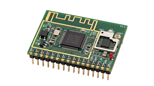 Electronic wireless module on green circuit board, microchip with integrated antenna, hardware component for IoT development