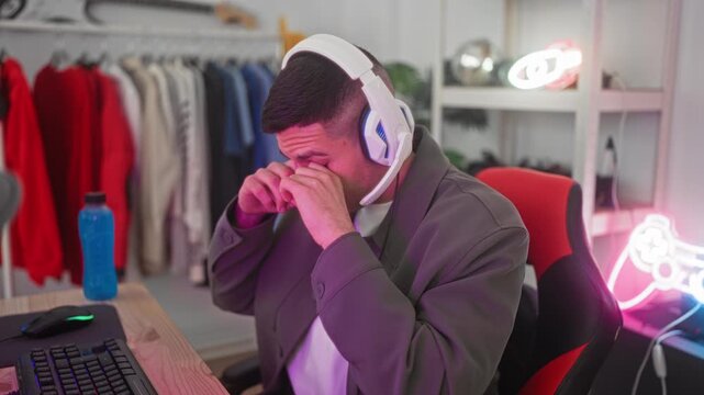 Man wearing white gaming headset rubbing his eyes at a studio desk with keyboard, mouse and red gaming chair; tired focus.