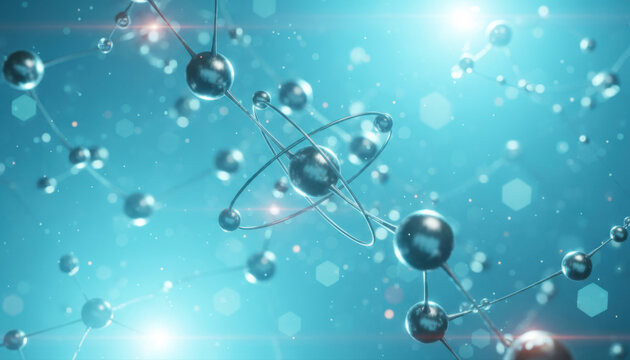 Atom model with orbital rings floating among molecular spheres on a light blue background, symbolizing physics research and atomic science