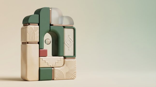 Colorful modular shapes forming a stylized architectural structure with artistic design
