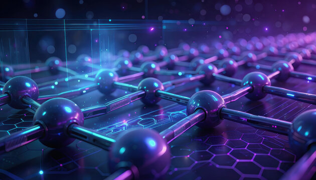 Quantum computing data grid with glowing purple and cyan nodes illustrating advanced nanoelectronics and digital processing