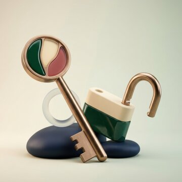 Colorful key and padlock on smooth stones symbolizing security and design