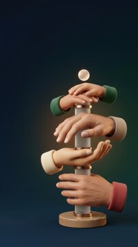 Stylized artistic hands representing teamwork and unity on a pedestal