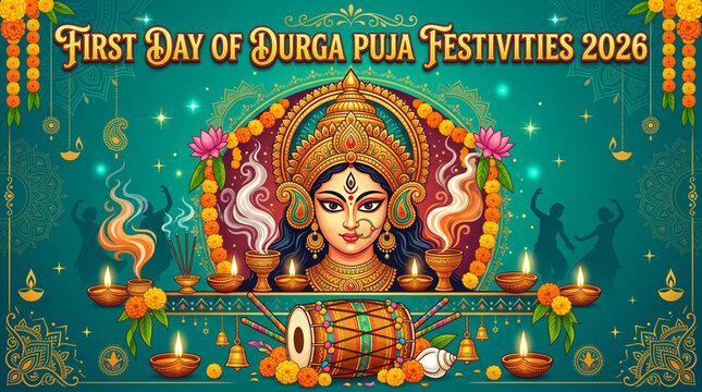 First day of durga puja festivities 2026 greeting design featuring goddess durga shanku shells and dhak drum festival celebration hinduism