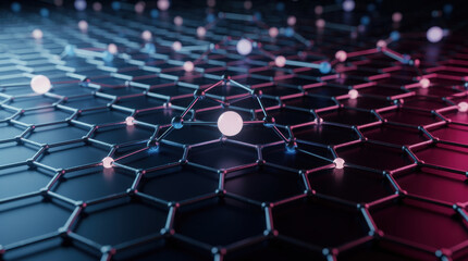 Fototapeta premium Hexagonal lattice structure with glowing molecular nodes in blue and red light, illustrating graphene, nanotechnology and material science