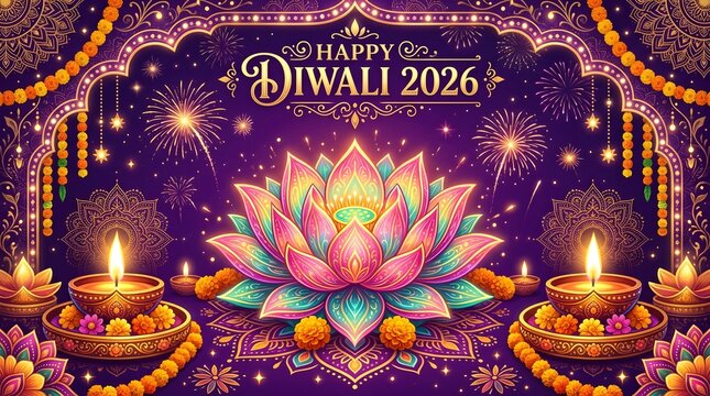 Festive diwali greeting card with a glowing lotus flower, traditional oil lamps, marigold flowers, and fireworks on a purple background