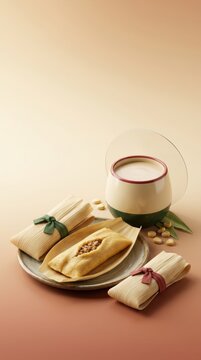 Traditional tamales with atole beverage on a plate for celebration cuisine