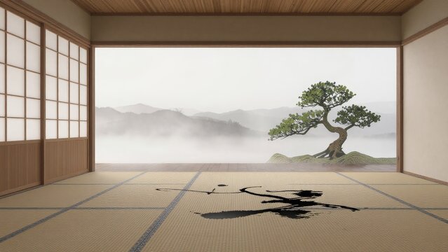 Peaceful Japanese Interior with View of Tranquil Misty Landscape