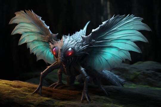 Fantasy insectoid monster with bioluminescent wings and glowing red eyes in a dark forest setting