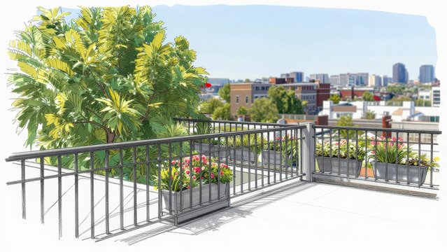 Bright Urban Balcony with Greenery and Colorful Flower Planters