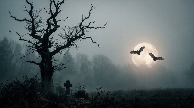 Silhouette of bat fly in misty graveyard under full moon for spooky Halloween night