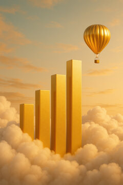 Surreal golden bar graph rising above fluffy white clouds with shiny hot air balloon floating nearby financial growth concept in warm sunset light