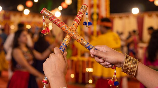 People playing dandiya raas with decorated sticks during navratri festival night dance celebration