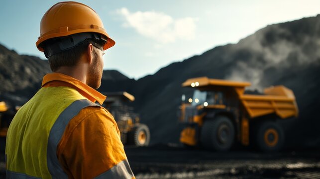 Construction professional monitoring heavy equipment usage at a mining location in bright daylight