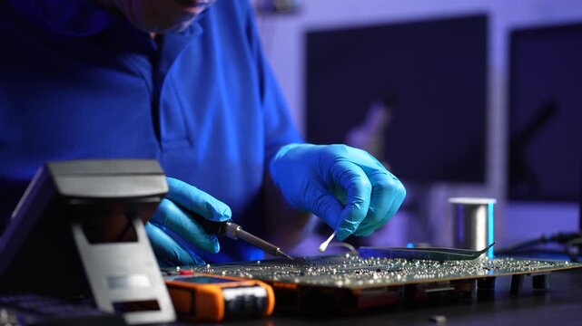 Close-up of semiconductor microchip on circuit board, motherboard processor for computer repair, hardware technology and chip manufacturing industry concept.