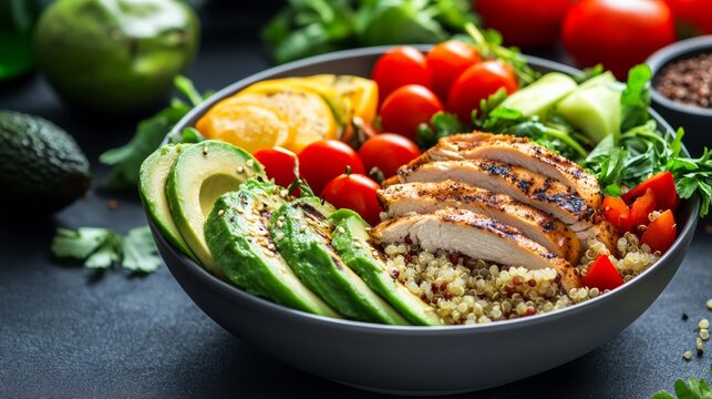 Colorful nutritious bowl featuring grilled chicken quinoa fresh vegetables and creamy avocado set against a dark backdrop