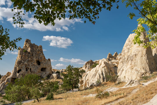 Historic rock-cut churches at Goreme Open Air Museum in Cappadocia, Turkey