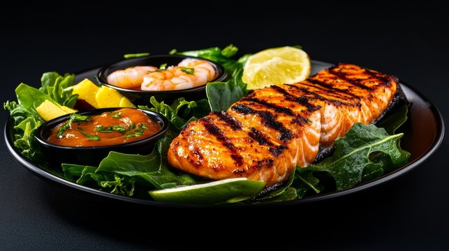 Delicious grilled salmon fillet accompanied by fresh greens zesty lemon and flavorful dipping sauces on a dark backdrop