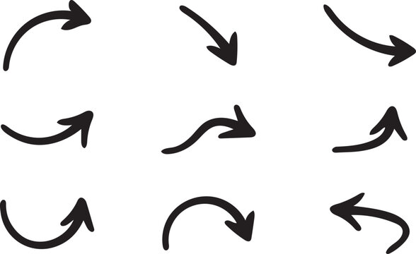 Curve doodle arrow, left arrow icon, left arrow direction of arrow vector icons set concept isolated on a white background. 