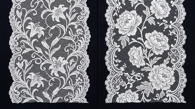 Set of vintage white floral lace trims with lily and rose peony embroidery vector illustration on black background