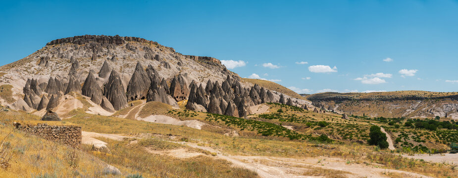 Panoramic rock formations around Selime in Cappadocia, Aksaray, Turkey