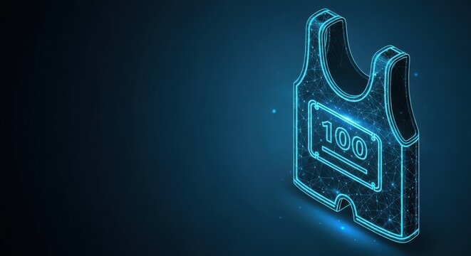 Digital Wireframe Ticket with Number 100 on a Blue Networked Background